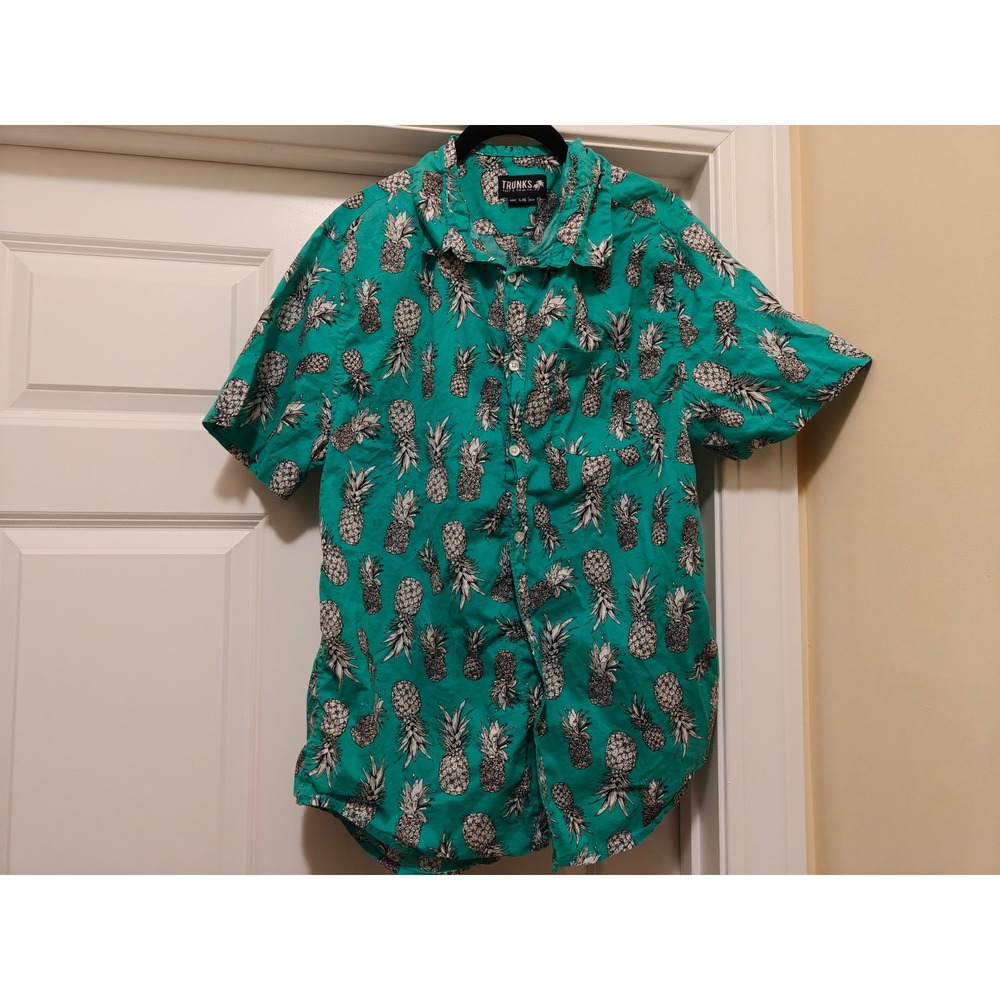 Trunks Surf & Swim Co Mens Teal Pineapple Print Cotton Button Down Shirt Large